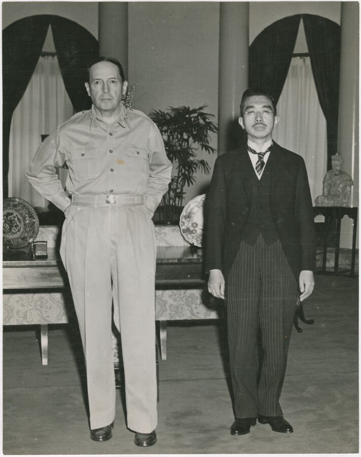 Emperor Hirohito and General Douglas MacArthur photographed together at US Embassy Tokyo September 1945