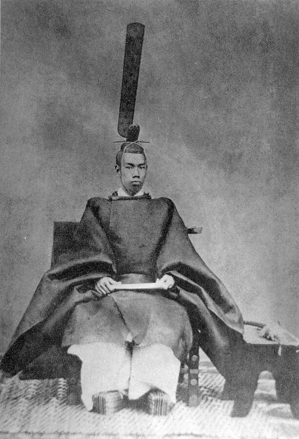Formal photographic portrait of young Emperor Meiji in Western military dress uniform, taken by Uchida Kuichi in 1873