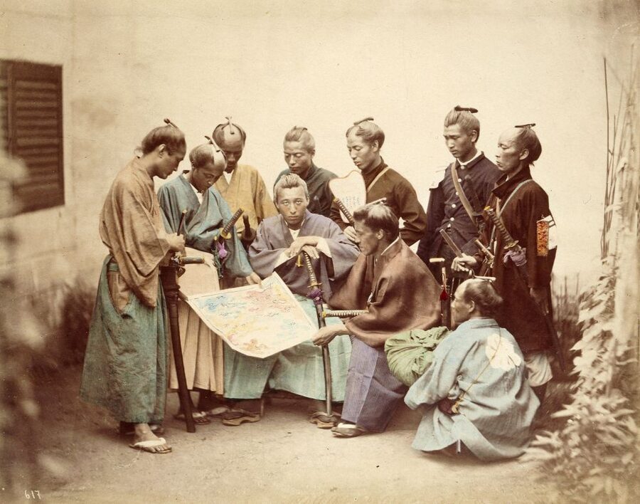Group photograph of Satsuma domain samurai posing in armour and Western boots during the Boshin War