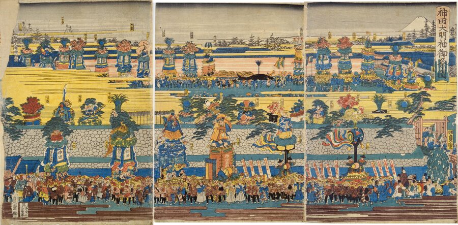 A 19th-century color woodblock print by Utagawa Kuniteru showing the elaborate Edo-period Kanda Matsuri procession with floats and crowds.