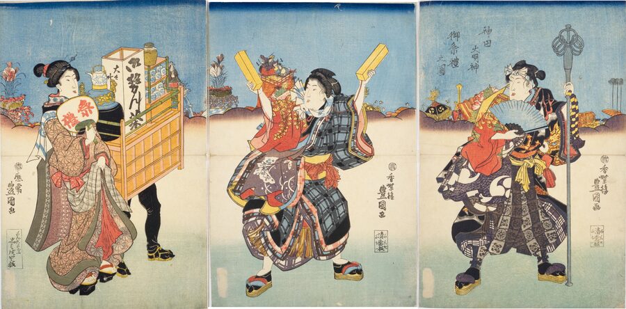 A 19th-century triptych woodblock print by Utagawa Kunisada depicting the elaborate procession ceremonies of the Kanda Matsuri during the Edo period.