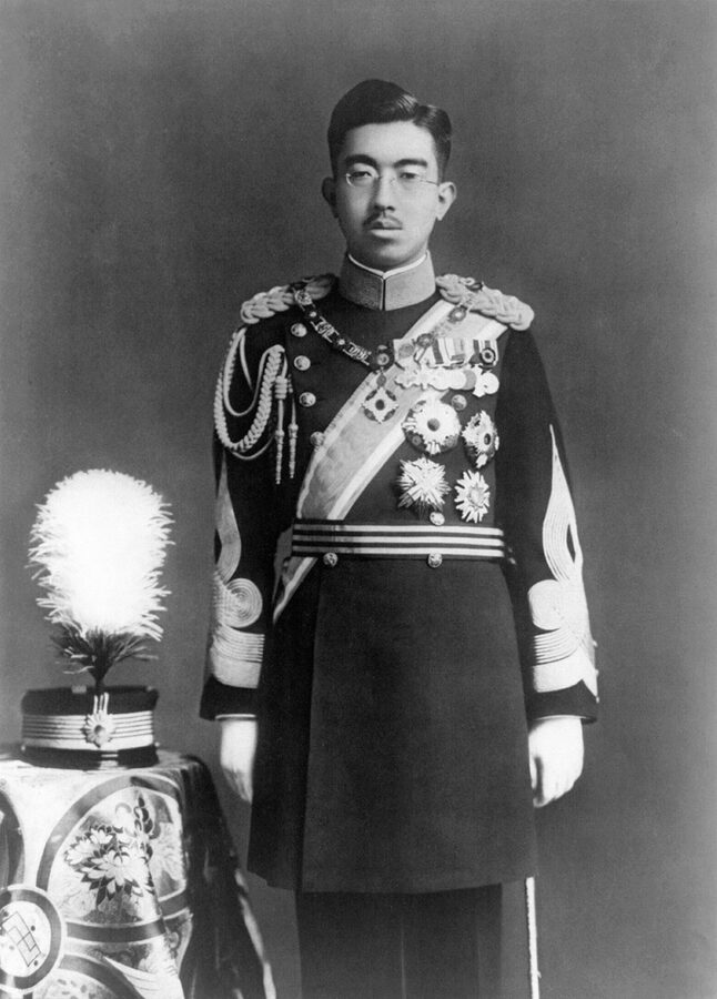 Emperor Hirohito in formal military dress uniform with Order of the Chrysanthemum collar 1935