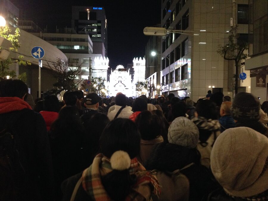 Illuminated cathedral-like arches of the Kobe Luminarie December memorial event