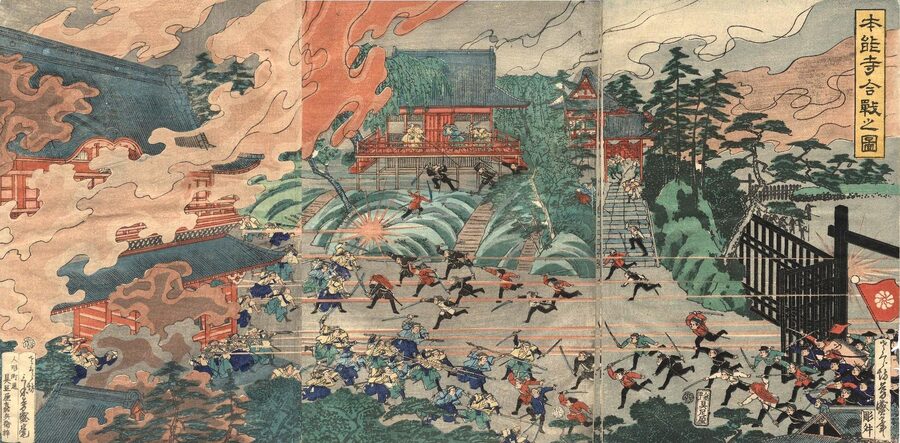Ukiyo-e woodblock print of the Battle of Ueno in July 1868 with imperial troops storming the Tokugawa-loyalist Shogitai redoubt