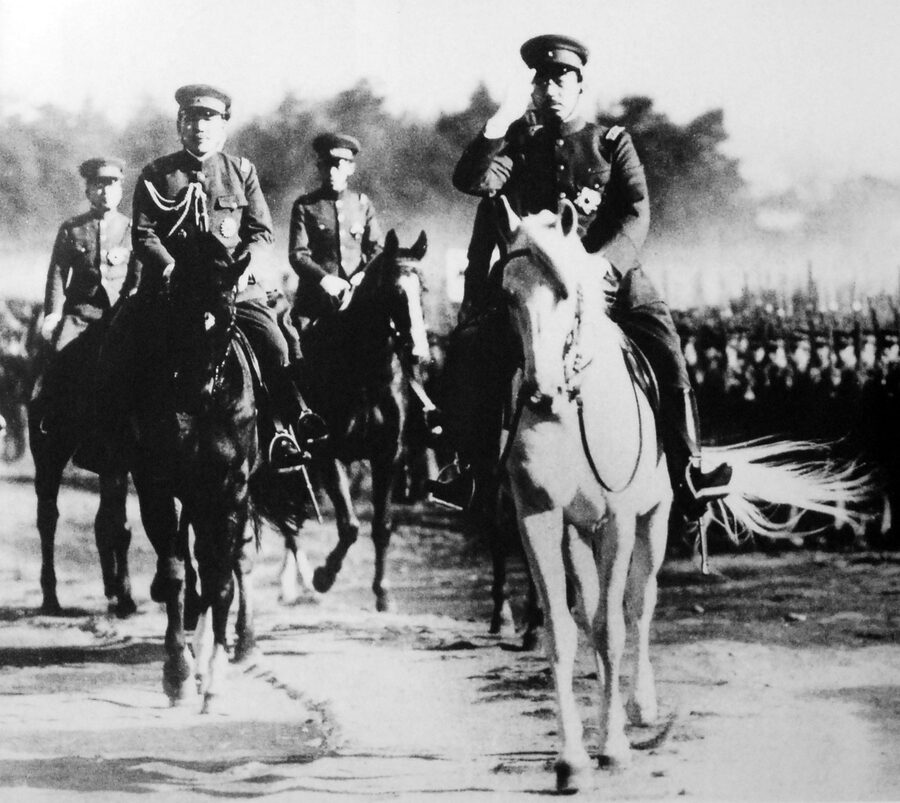 Emperor Hirohito on horseback Hakuyuki conducting army inspection 8 January 1938