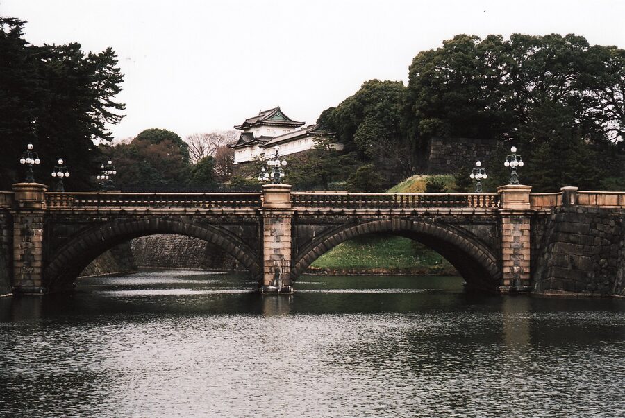 Tokyo Imperial Palace stone walls and bridge over the moat