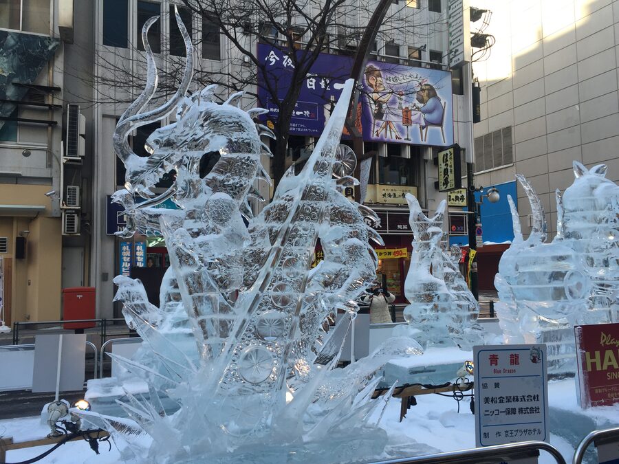 Blue dragon ice sculpture in Susukino at the 67th Sapporo Snow Festival