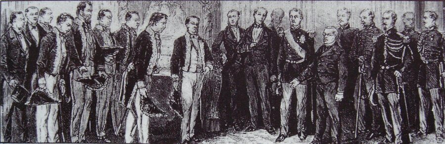 Group photograph of Iwakura Mission ambassadors meeting French president Adolphe Thiers at the Elysee Palace in 1873