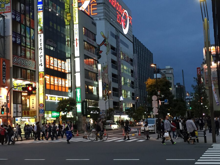 A pedestrian crossing in Akihabara Tokyo with electronics signage and shoppers.