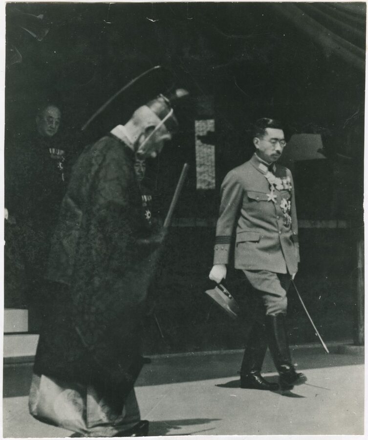 Emperor Hirohito wearing his uniform for the last time announcing the surrender of Japan in 1945