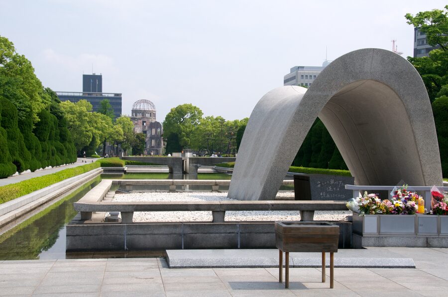 Cenotaph Hiroshima Peace Memorial Park designed by Kenzo Tange names of victims