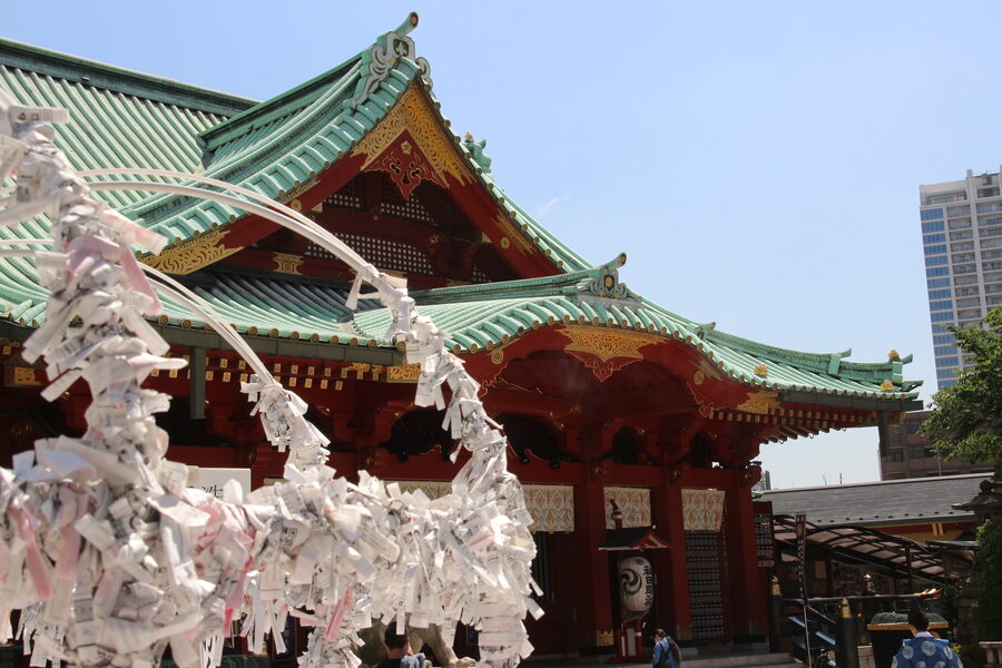 Wooden walls of fortune-telling paper slips (omikuji) tied at Kanda Myojin shrine, with the haiden visible behind.