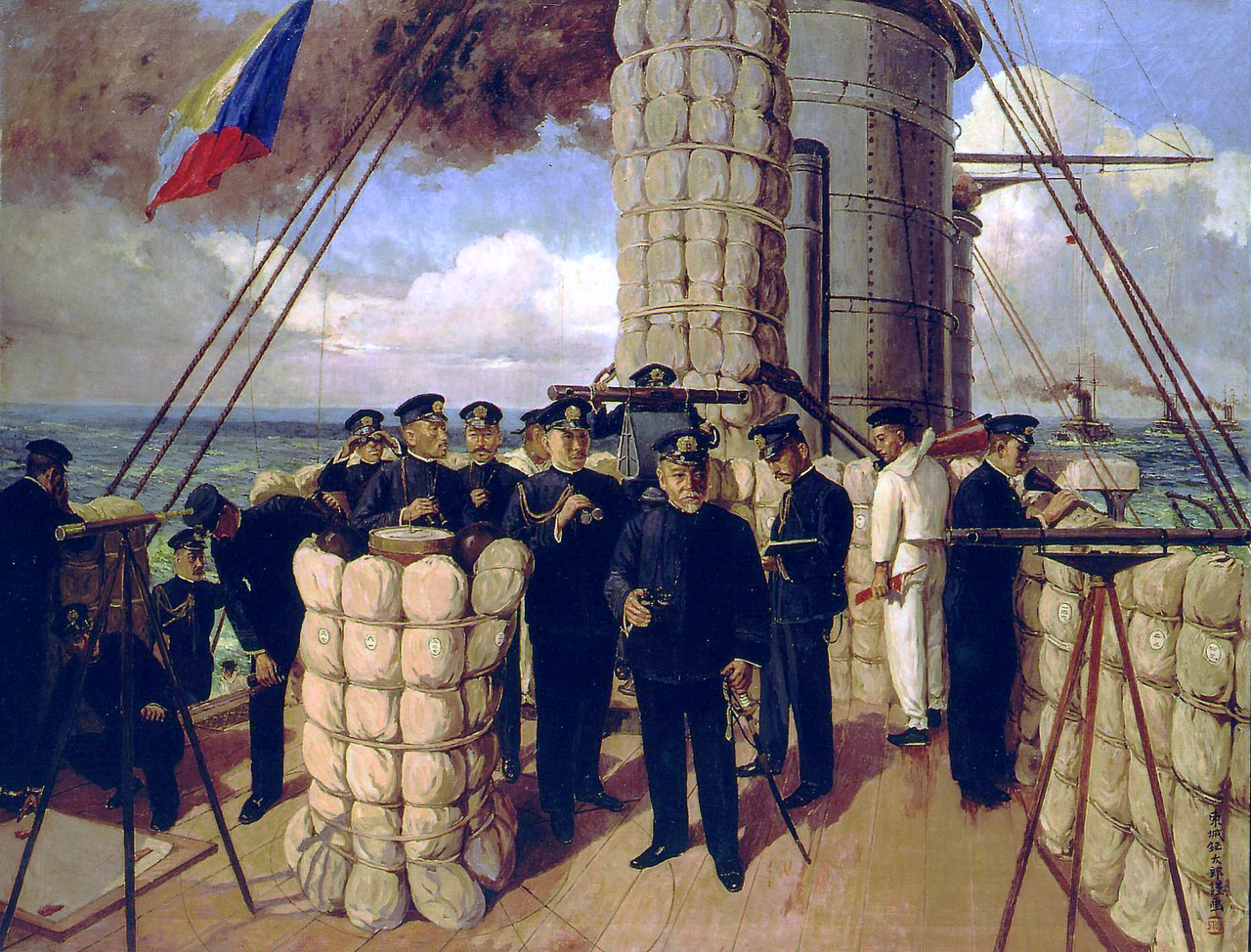 Painting of Admiral Togo Heihachiro standing on the bridge of the flagship Mikasa during a Russo-Japanese War naval battle