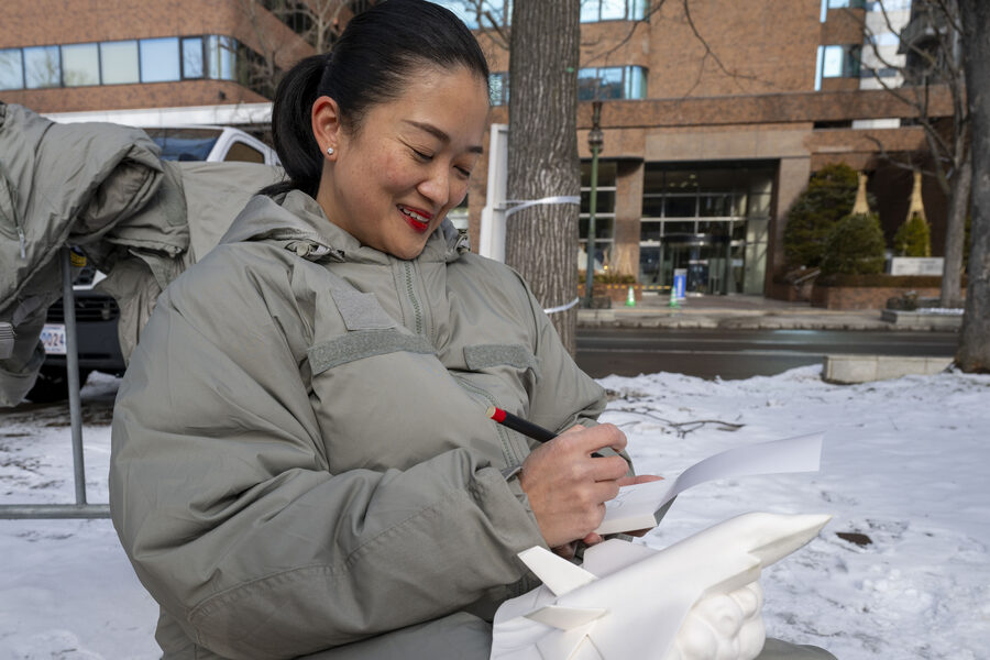 Close-up of snow carving tool against block at Sapporo Snow Festival 2025