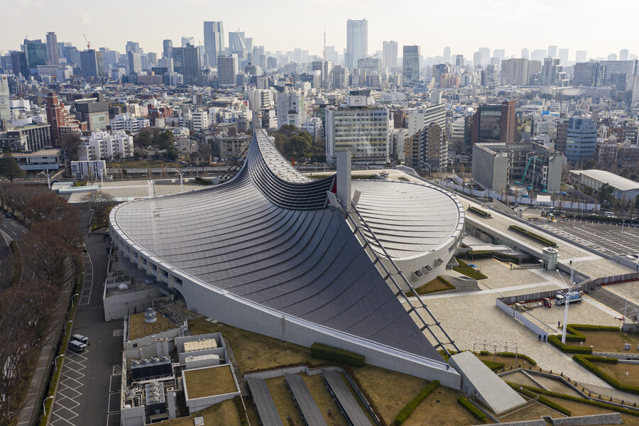 Aerial view of Yoyogi National Gymnasium suspension roof structure Tokyo