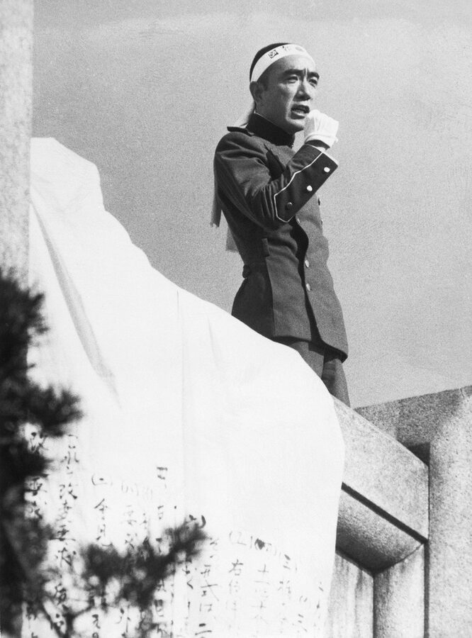 Yukio Mishima delivering speech from Self Defense Force balcony Tokyo 25 November 1970