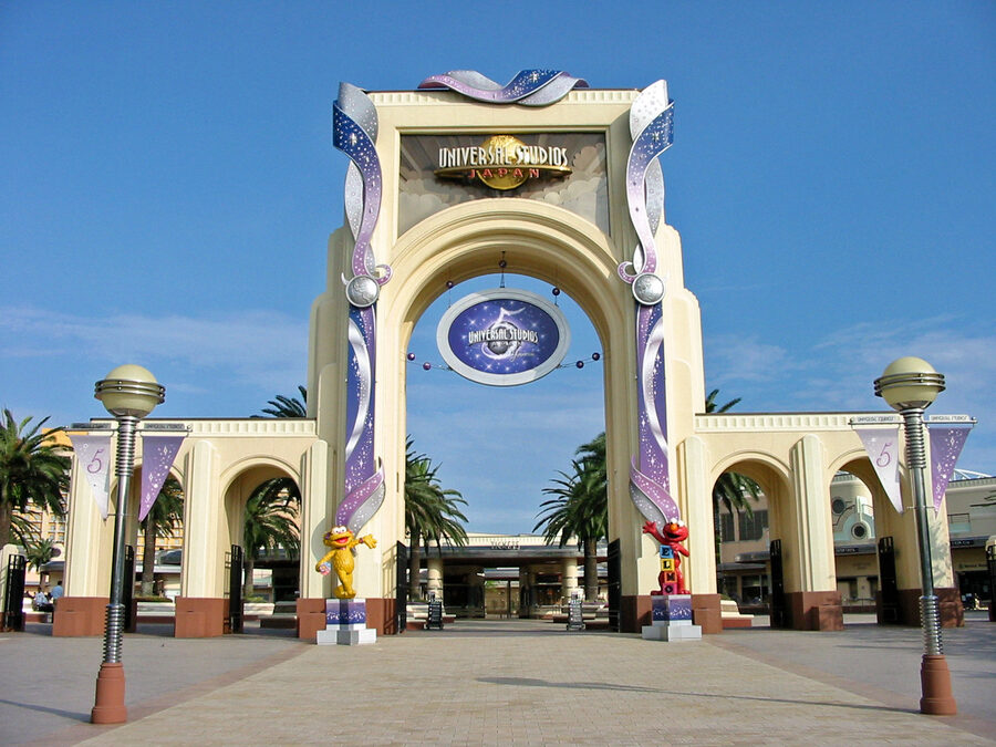 Universal Studios Japan main entrance arch in Osaka with the famous globe sign