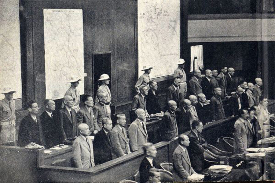 Class A war crimes defendants in dock at International Military Tribunal for Far East Tokyo 1946