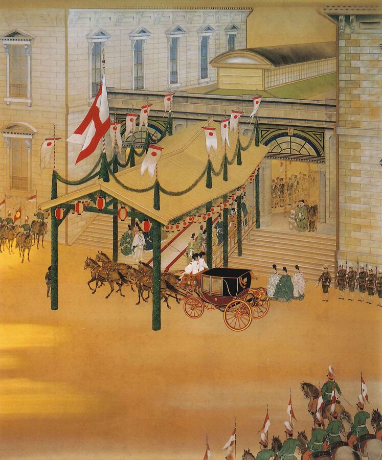 Painting of the ceremonial opening of the Shinbashi to Yokohama railway in October 1872 with the steam locomotive at the Shinbashi terminus