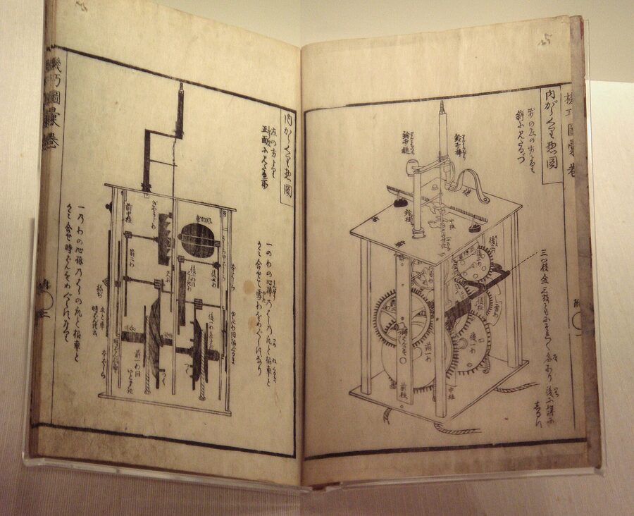 Page from 1796 Karakuri Zui showing Hosokawa Hanzo mechanism with cams and gears
