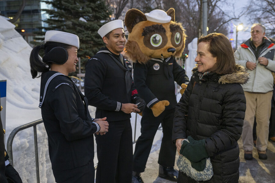 Diplomat speaks with sailor at the 75th Sapporo Snow Festival 2025
