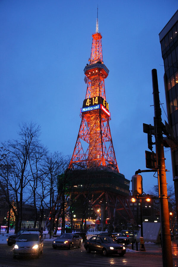 Sapporo TV Tower viewed from snowy Odori Park during winter