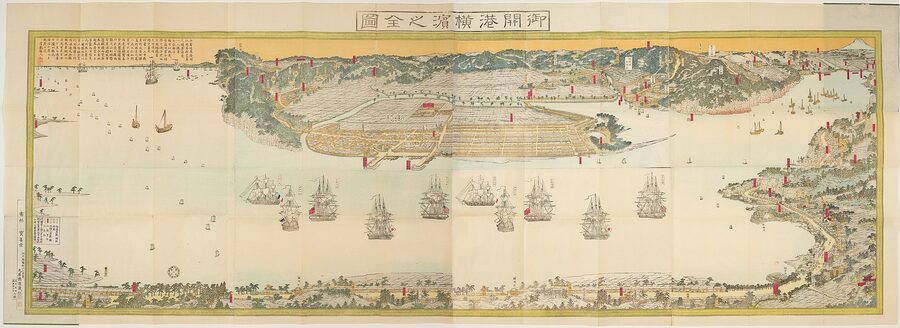 Detailed 1859 woodblock map of Yokohama Port and the foreign treaty settlement by Hashimoto Sadahide, showing trader compounds, customs and waterfront