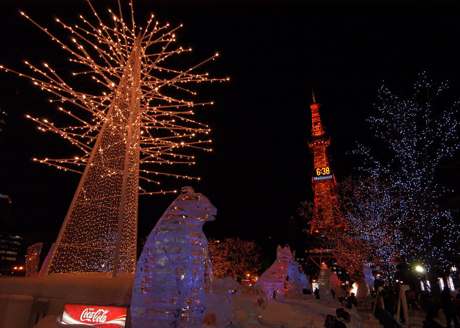 Illuminated trees and ice sculptures line streets to Sapporo TV Tower 2006