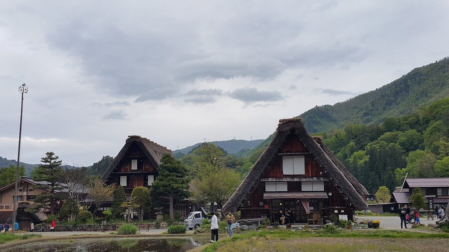 Aerial view of Shirakawa-go gassho-zukuri thatched-roof farmhouse village