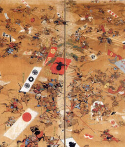 Edo-period painted screen depiction of the 1570 Battle of Anegawa showing Oda-Tokugawa forces fording the shallow river against Azai and Asakura lines