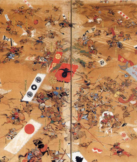 Edo-period painted screen depiction of the 1570 Battle of Anegawa showing Oda-Tokugawa forces fording the shallow river against Azai and Asakura lines