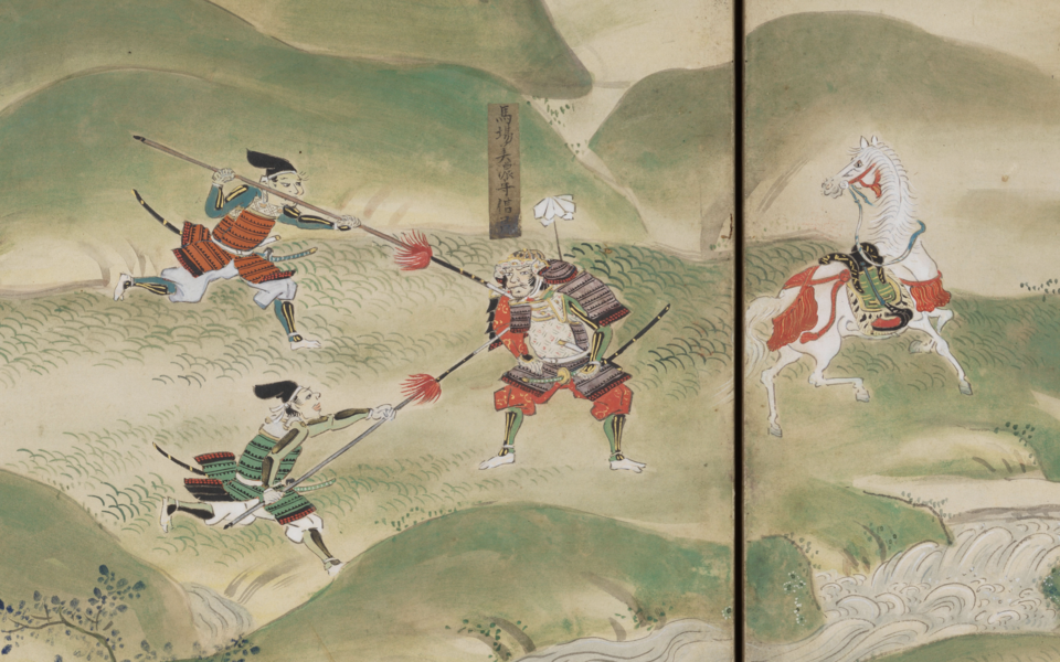 Edo-period painted screen detail showing the death of Baba Nobuharu one of Takeda Four Heavenly Kings killed covering Katsuyoris retreat from Nagashino