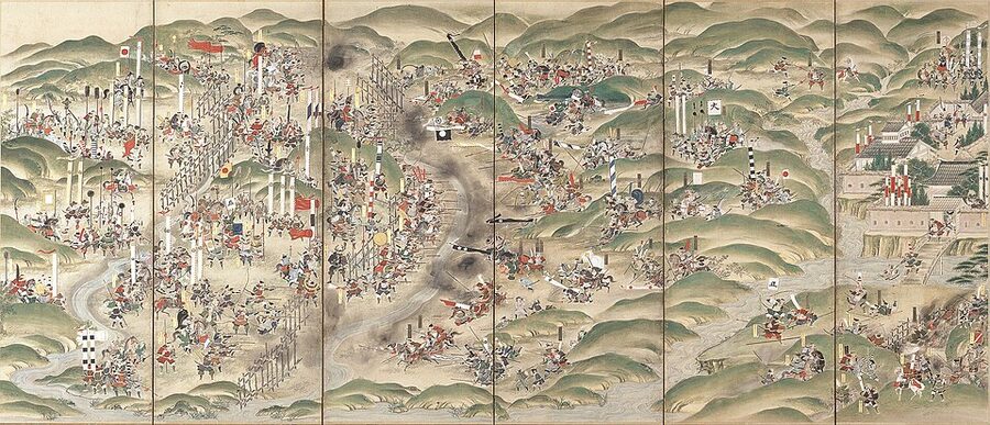 Alternate Edo-period painted screen depicting the Battle of Nagashino with Takeda cavalry charges against Nobunagas palisade defense