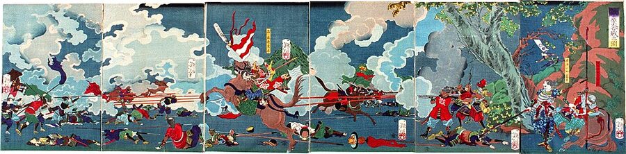 Edo-period folding screen showing the Battle of Sekigahara with cavalry engagements across the central Sekigahara basin in panoramic detail