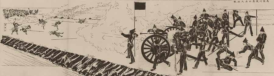 Painting of the Battle of Toba-Fushimi 1868 with imperial Satsuma Choshu troops and Tokugawa shogunate forces