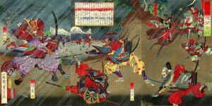 Utagawa Toyonobu Meiji-era ukiyo-e depicting the 1560 Battle of Okehazama with Nobunagas surprise attack on Imagawa Yoshimotos headquarters