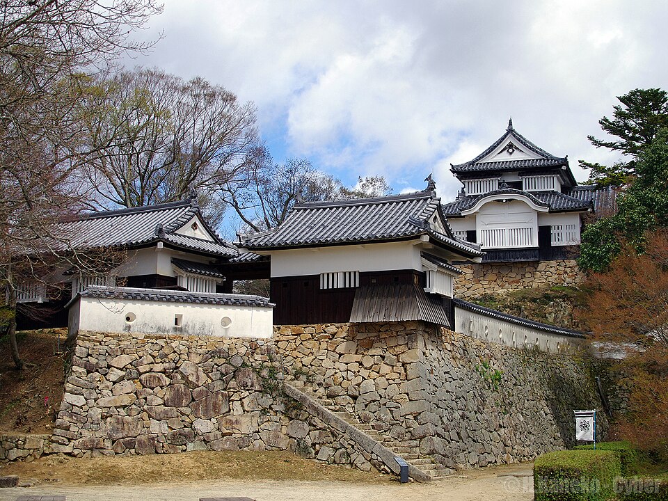 Bitchu Matsuyama Castle tenshu with pink cherry blossom sakura in bloom along the mountain trail approach in early April showing the spring window at 430 meters altitude