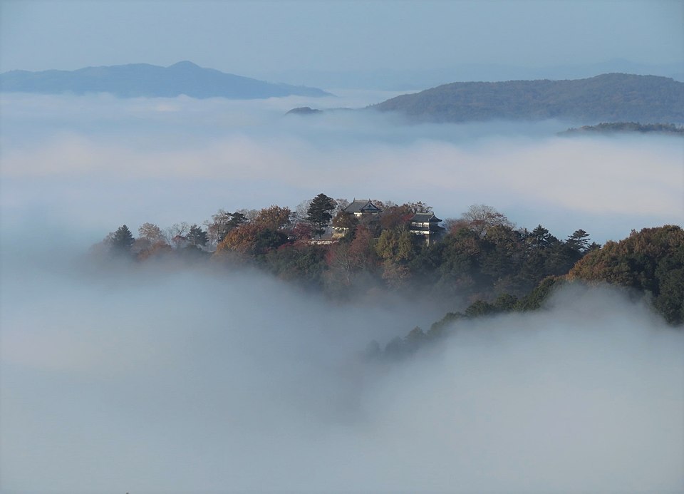 Bitchu Matsuyama Castle tenshu floating above a white sea of clouds unkai at dawn from the Fukiyama-chobo-dai observatory platform in autumn