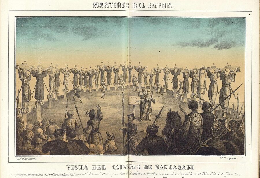 19th-century painting by Eustaquio María de Nenclares depicting the crucifixion of the 26 Martyrs of Nagasaki on Nishizaka hill on 5 February 1597