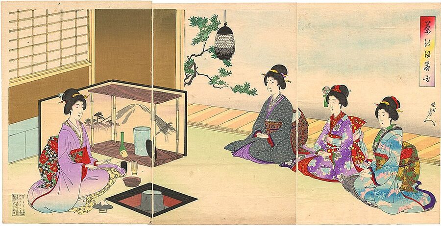 Meiji-era ukiyo-e print by Yoshu Chikanobu showing women engaged in a formal chanoyu tea ceremony with elaborate kimono