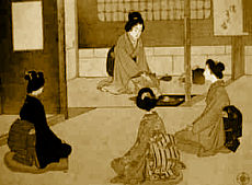 Meiji-era ukiyo-e by Mizuno Toshikata showing a tea ceremony gathering with the host preparing matcha for seated guests