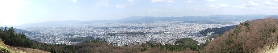 Panorama of Kyoto city seen from the summit of Mount Daimonji where the Daimonji-yaki fire burns