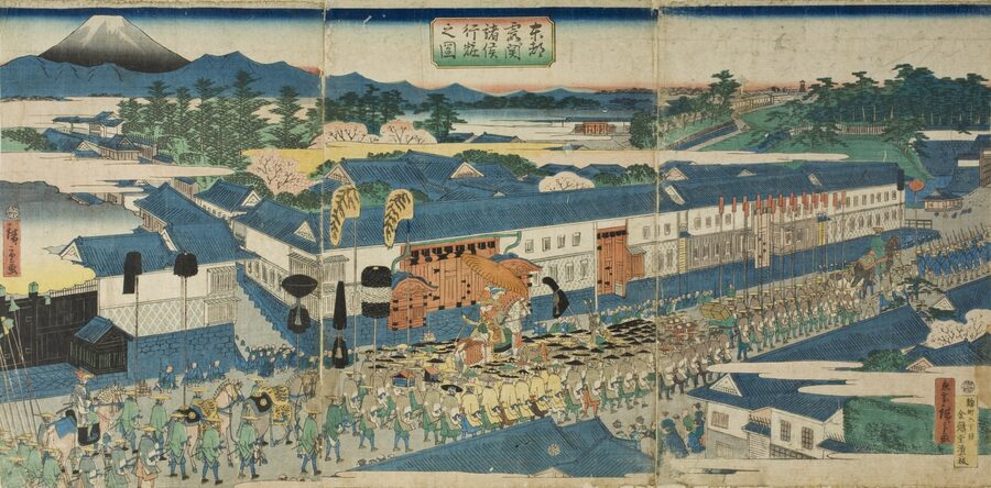 Hiroshige II ukiyo-e of a daimyo procession at Kasumigaseki in Edo with retainers, banners, and palanquins