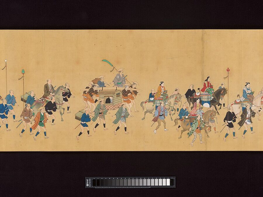 Early Edo-period Hishikawa school painting showing a daimyo procession marching to Edo under the sankin-kotai system