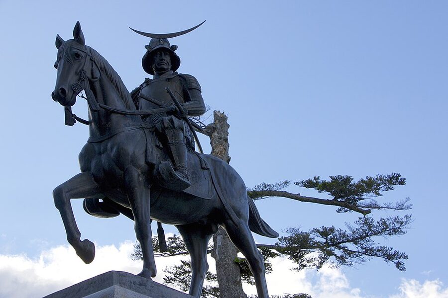 Equestrian bronze statue of Date Masamune by Toru Komuro at Aobayama Park on the ruins of Sendai Castle overlooking Sendai city