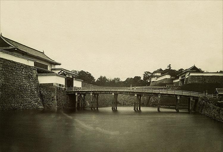 Felice Beato photograph showing wooden Nijūbashi double bridge over the Edo Castle moat in the 1860s before stone replacement