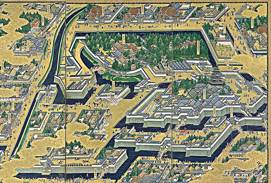 Detail from Edo-zu Byōbu screen painting showing panoramic view of Edo Castle and city in the early 17th century