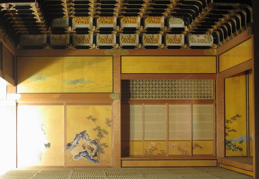 Reconstructed scale model interior of Ōhiroma grand hall of the Honmaru palace of Edo Castle with daimyō in formation