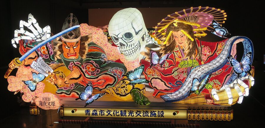 A horseback warrior Nebuta photographed under the museum lights, every brush detail visible without crowds.