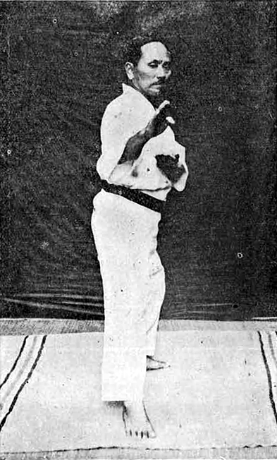 Funakoshi Gichin performing the tenth movement of Heian Nidan kata, 1925